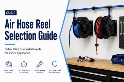 In image of two Air Hose Reels, one red and one blue, both on the wall. 